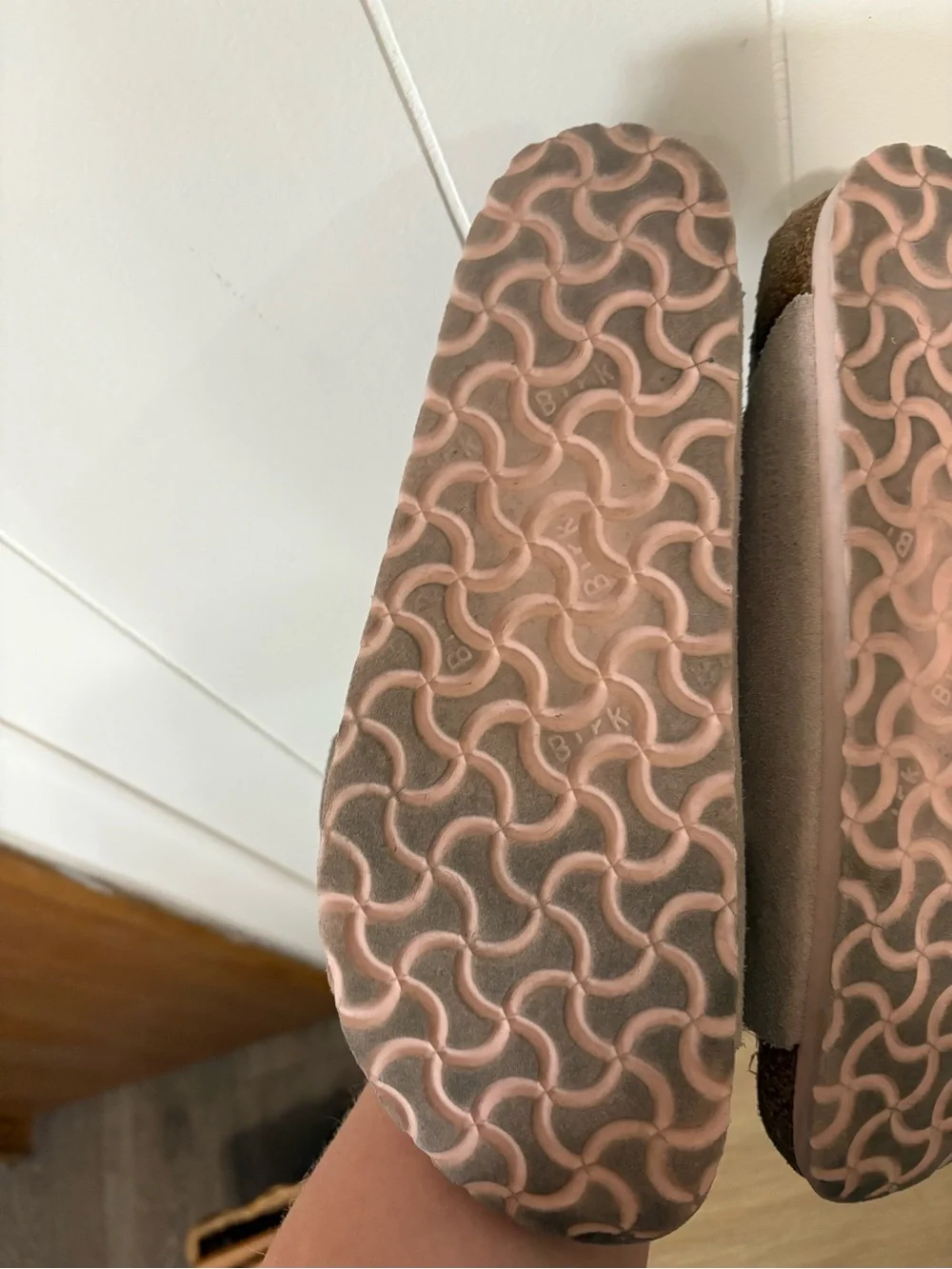 Birkenstock Two-Strap Suede Sandals in Light Beige with Rose Gold Buckles